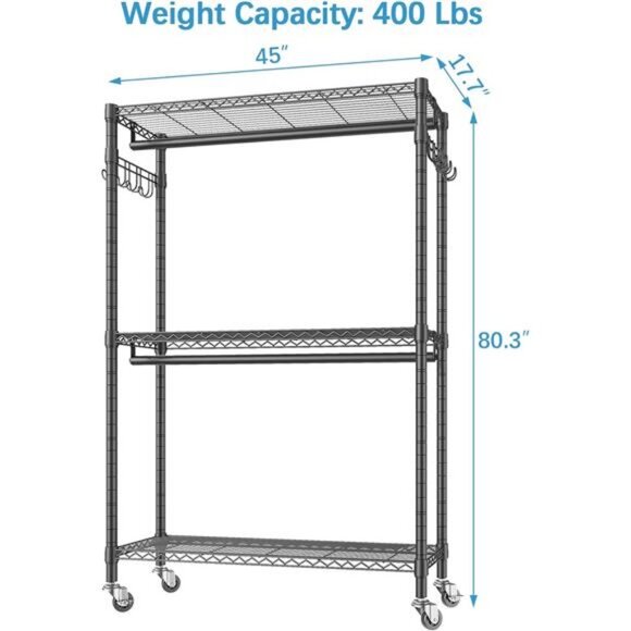 Heavy Duty Rolling Garment Rack 3 Tiers Adjustable Wire Shelving Clothes Rack - Picture 5 of 7